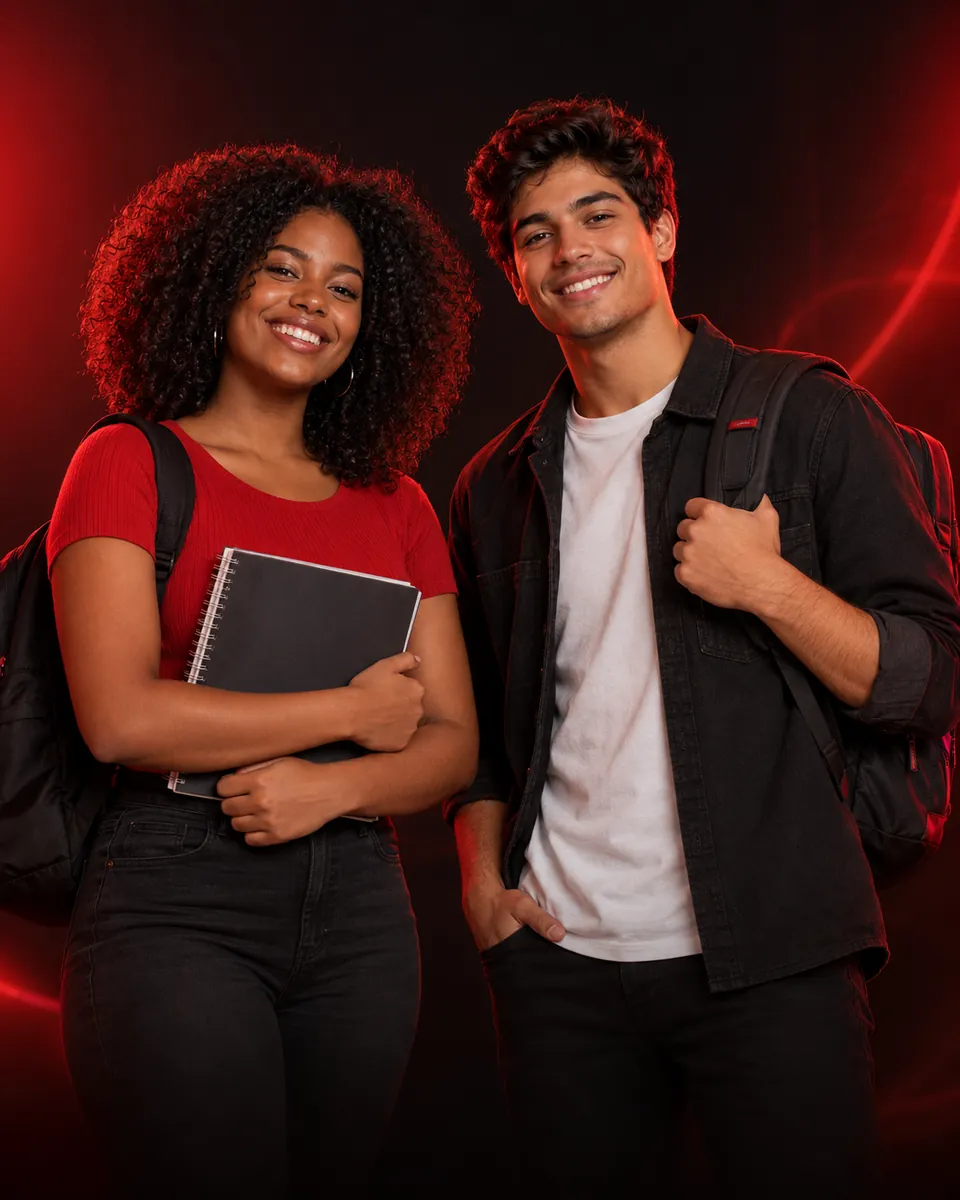 Dois jovens estudantes com mochila e caderno