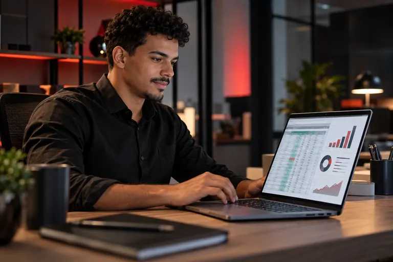 Profissional trabalhando com dados e relatórios em um notebook