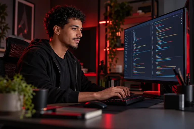 Jovem programador trabalhando em um computador